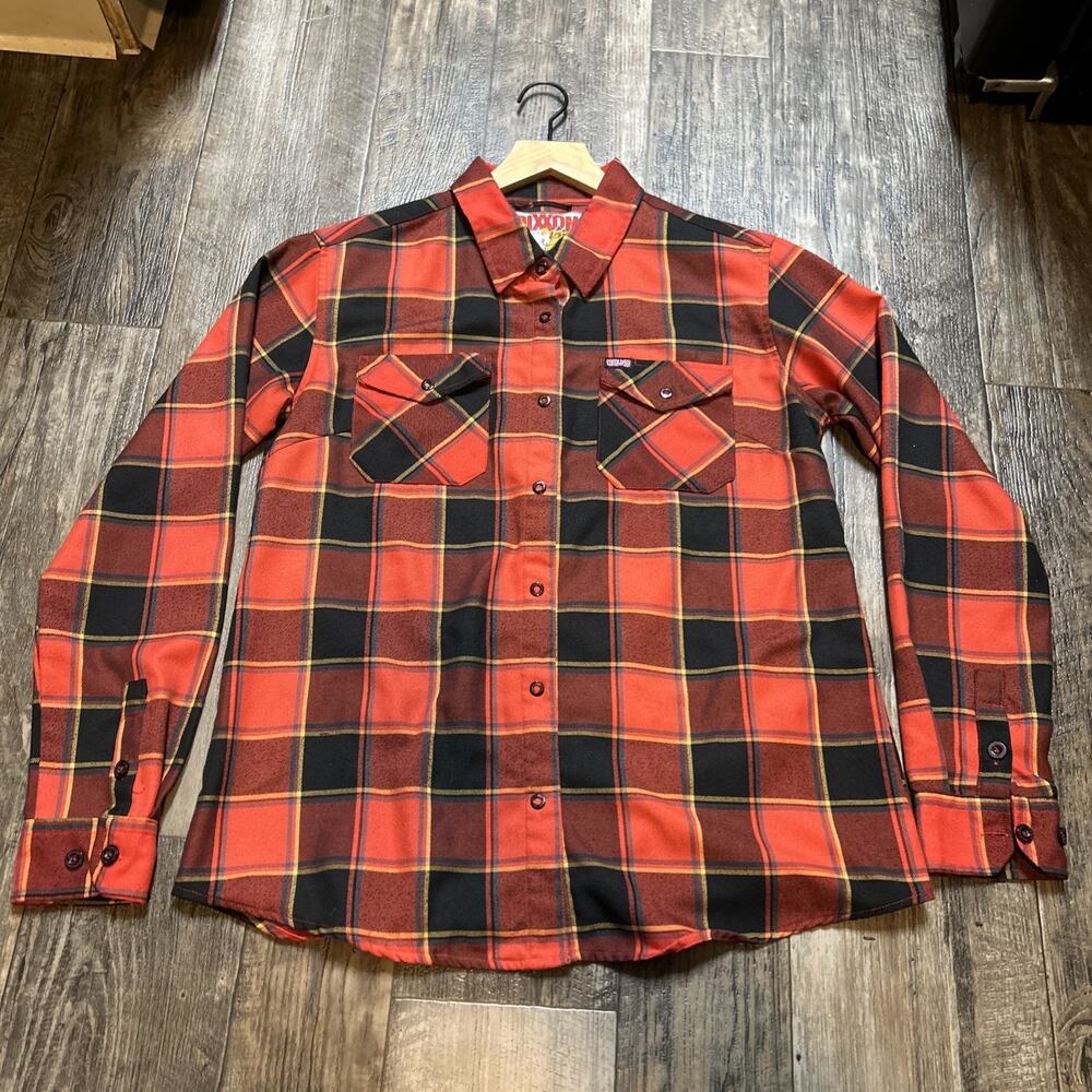 Dixxon Caballero Men’s L Plaid Flannel Button-Up Shirt Pockets Red/Black